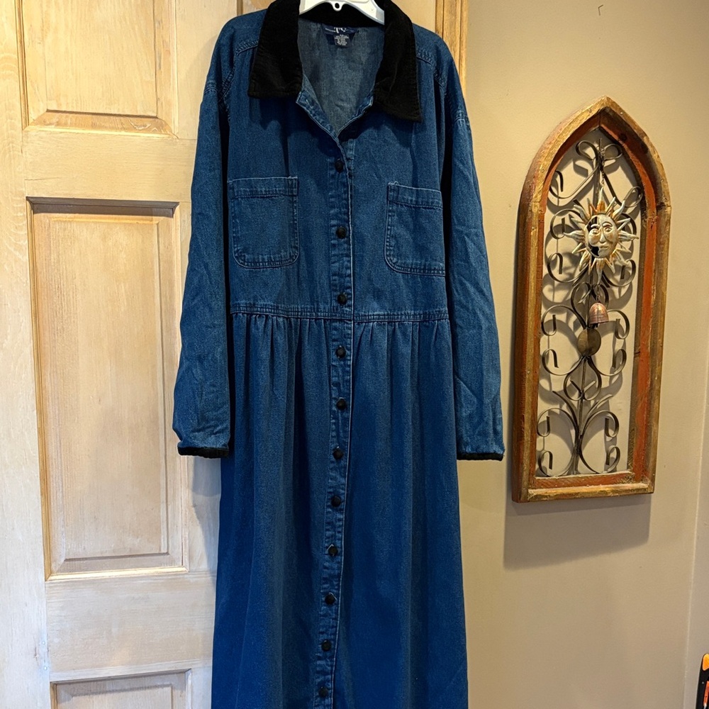 Vintage Ty Blue Long Sleeve Denim Dress with Velvet Trim 2X